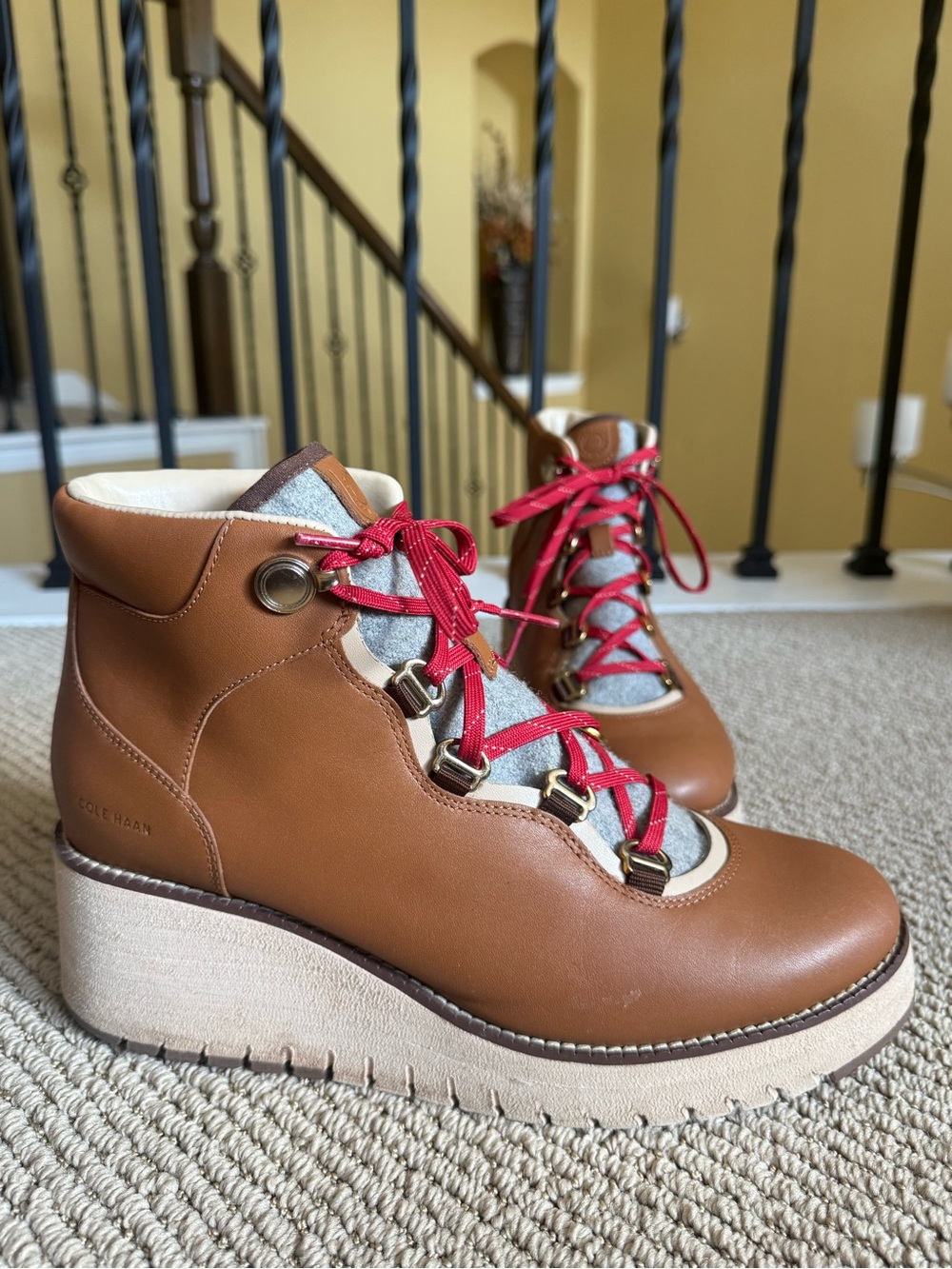 Cole Haan Brown Leather Wedge Boots with Red Laces